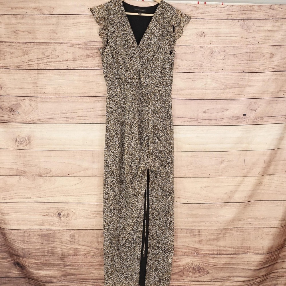 Banana Republic Dress Womens 6 Brown Leopard Maxi Wrap Flutter Sleeve Ruffle